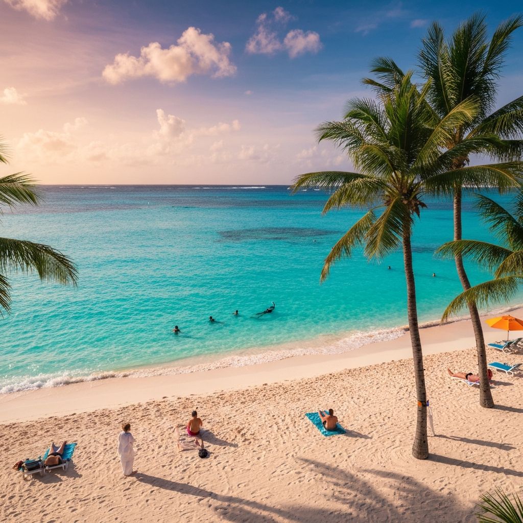Palm trees over a turquoise Caribbean beach